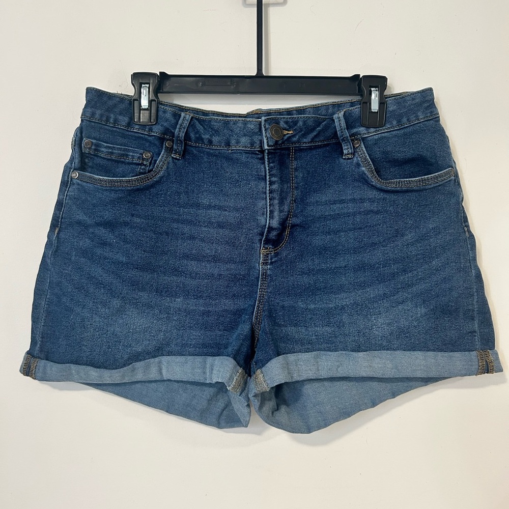 High-Waist Dark Blue Denim Roll-Cuff Shorts
